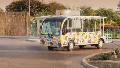 Tourist bus at Dubai Safari Park surrounded by lush greenery and wildlife enclosures.