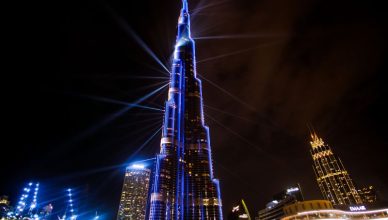 Burj Khalifa lit up with vibrant laser lights for Eid al-Fitr, marking the joyous occasion in Dubai.