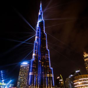 Eid al-Fitr celebration with a spectacular laser light show illuminating the Burj Khalifa, showcasing festive joy in Dubai.