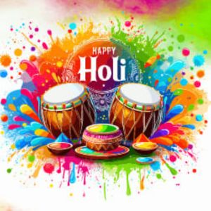 Vibrant Holi celebration with splashes of colors and a traditional tabla