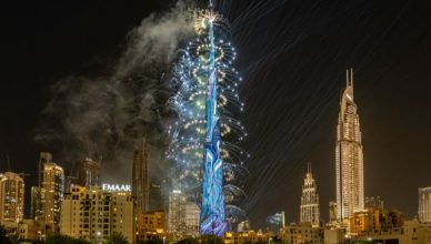 view of Burj Khalifa Christmas fireworks display