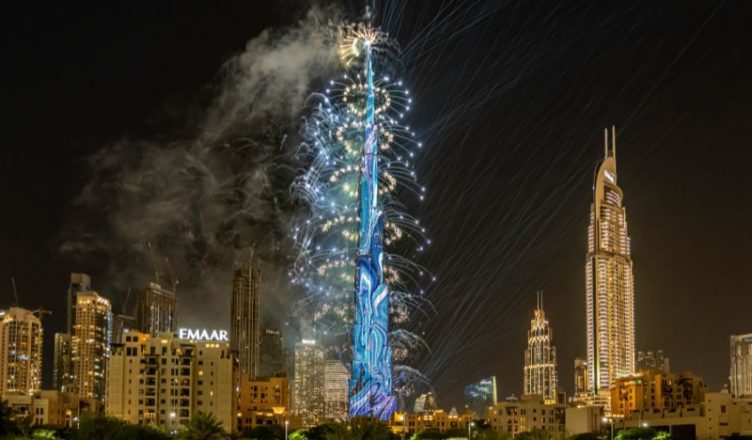 view of Burj Khalifa Christmas fireworks display