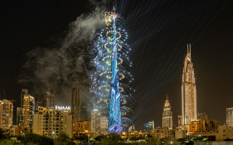 view of Burj Khalifa Christmas fireworks display