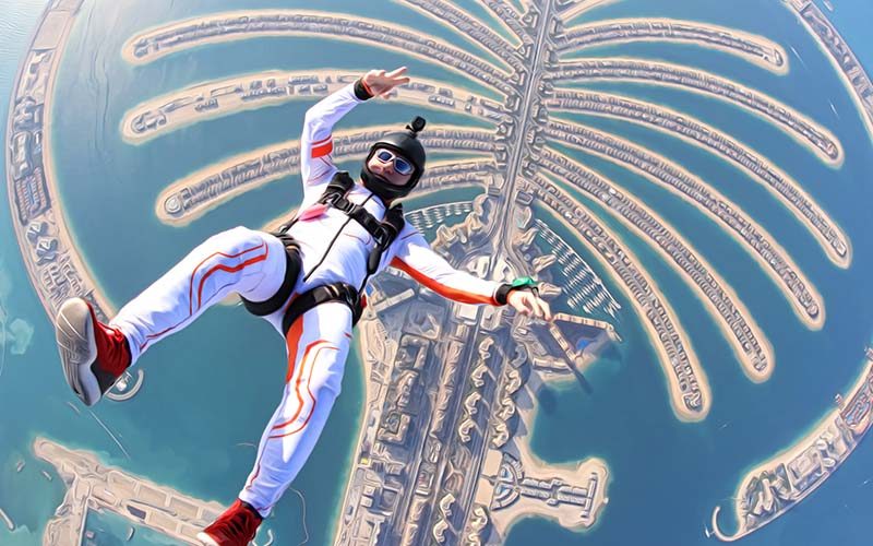 Skydiving over Dubai’s Palm Jumeirah – Man in free fall enjoying adventure.